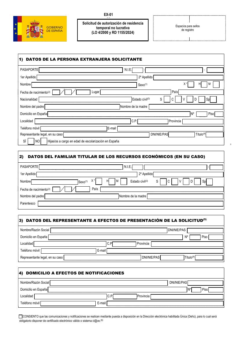 Primera página del impreso oficial EX-01, en blanco