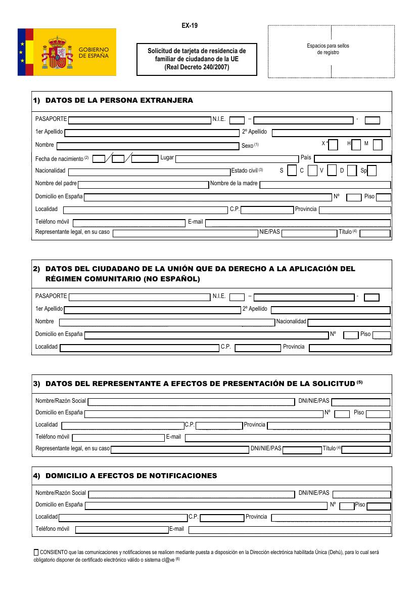 Primera página del impreso oficial EX-19, en blanco